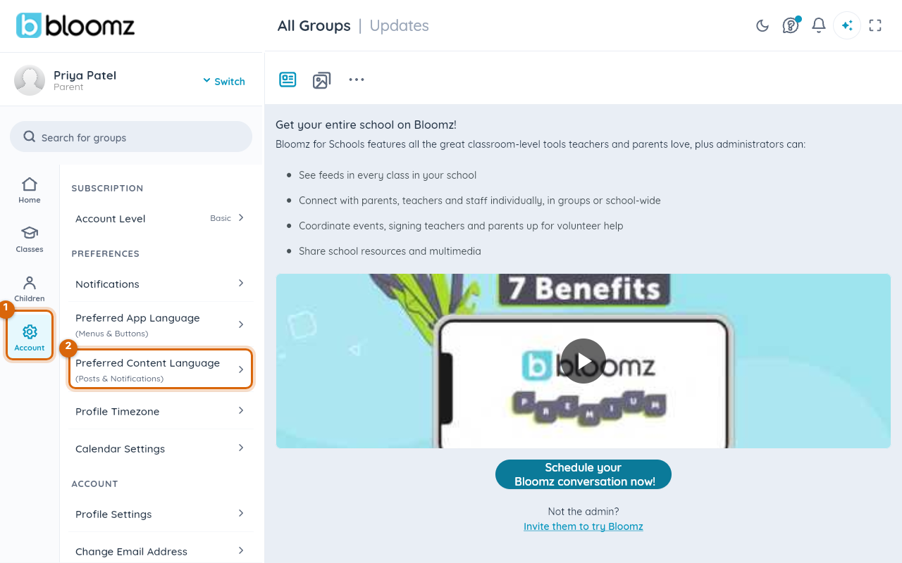 The Account panel with the Preferred Content Language row (Posts & Notifications) marked under Preferences