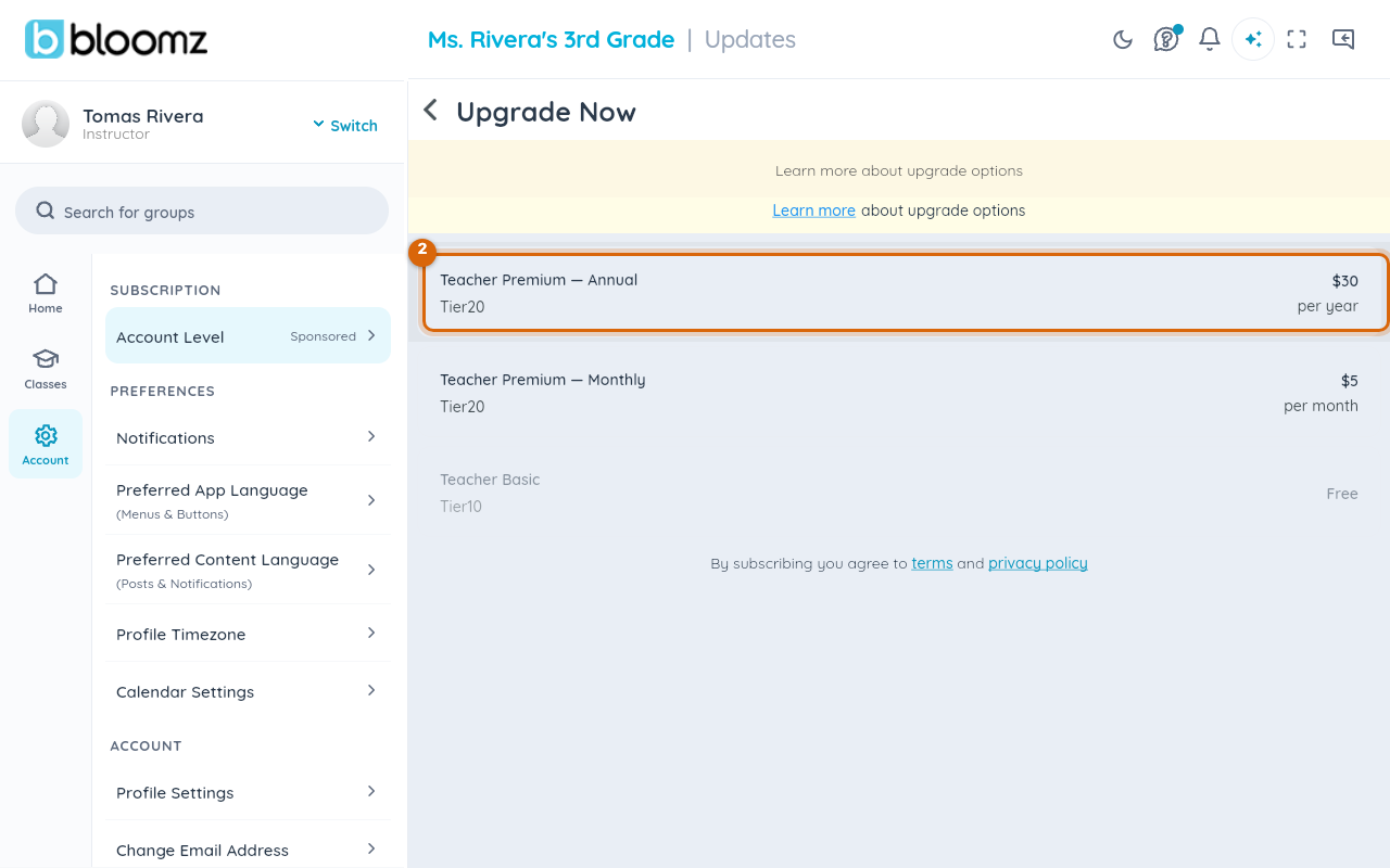 The Teacher Premium — Annual plan highlighted on the comparison screen