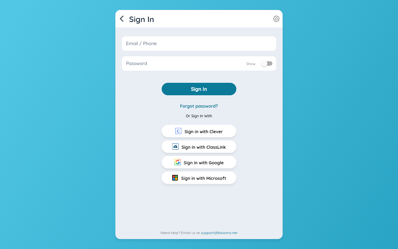 The Sign In screen, the entry point for creating or accessing your Bloomz account